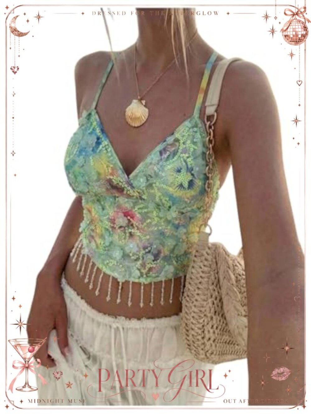 Sequin Sparkly Halter Crop Top Fringe Open Back Party Top